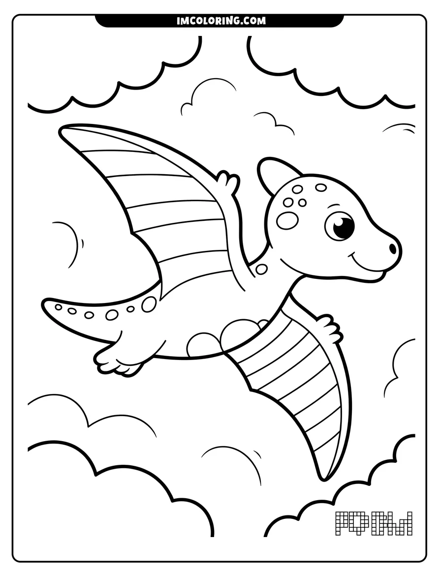 Outline drawing of a pterodactyl with striped wings, flying amongst fluffy clouds.
