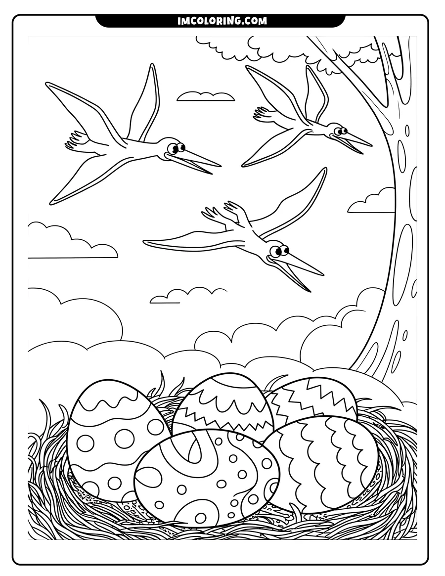 Line art depicting three pterodactyls flying above a nest of four decorated dinosaur eggs near a tree.