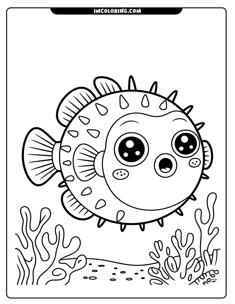 Outline of a cartoon pufferfish with large eyes, small spines, and patterned skin, swimming above coral on the ocean floor.