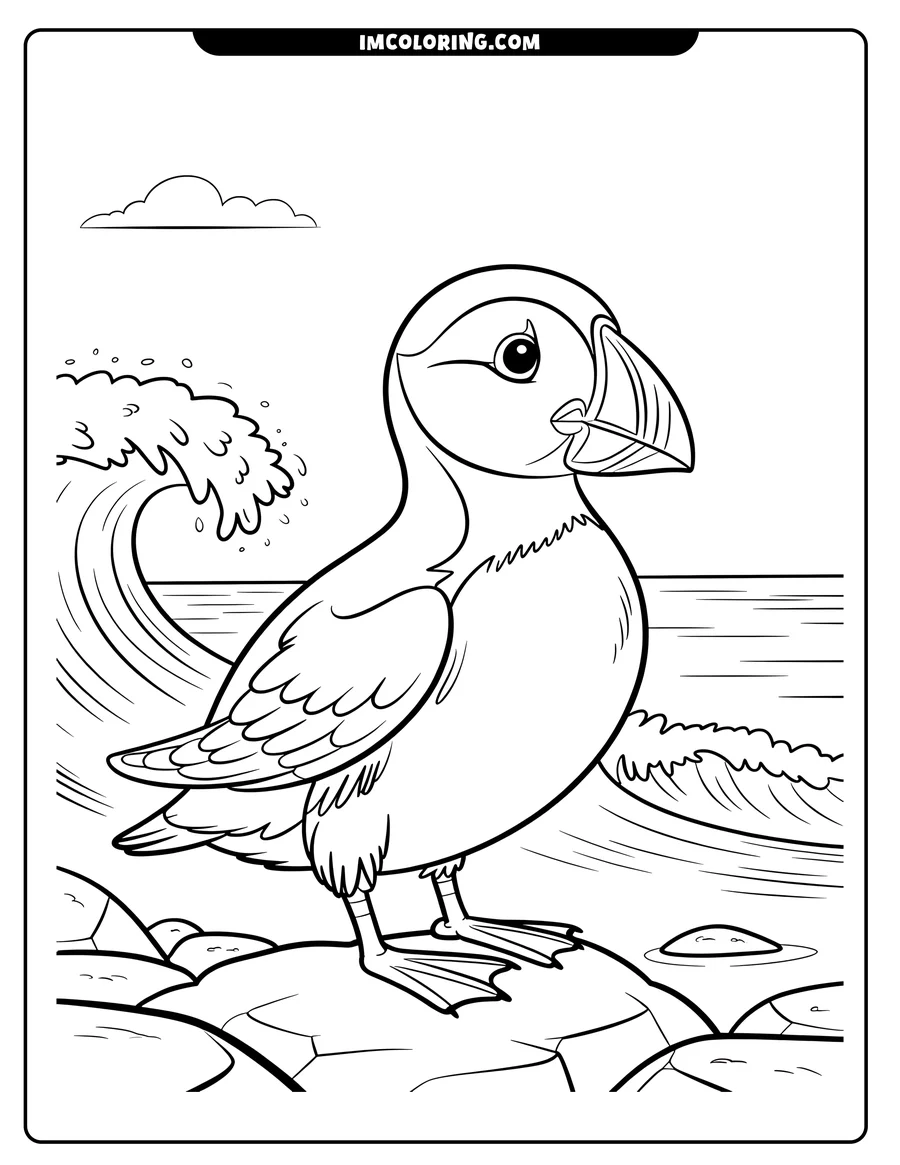 Line art of a puffin standing on rocks by the ocean, with waves in the background.