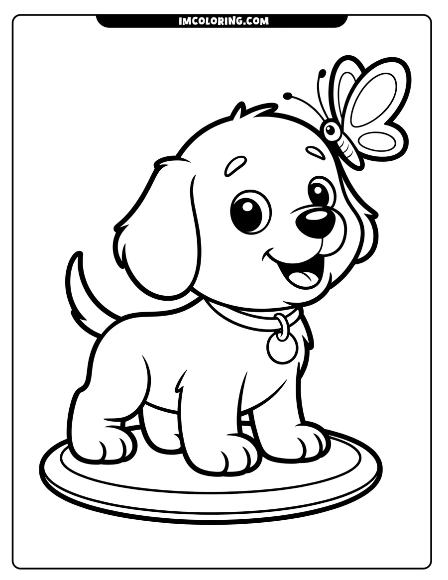 Line art of a happy puppy with a butterfly resting on its head. The puppy wears a collar and tag and stands on a small, round mat.