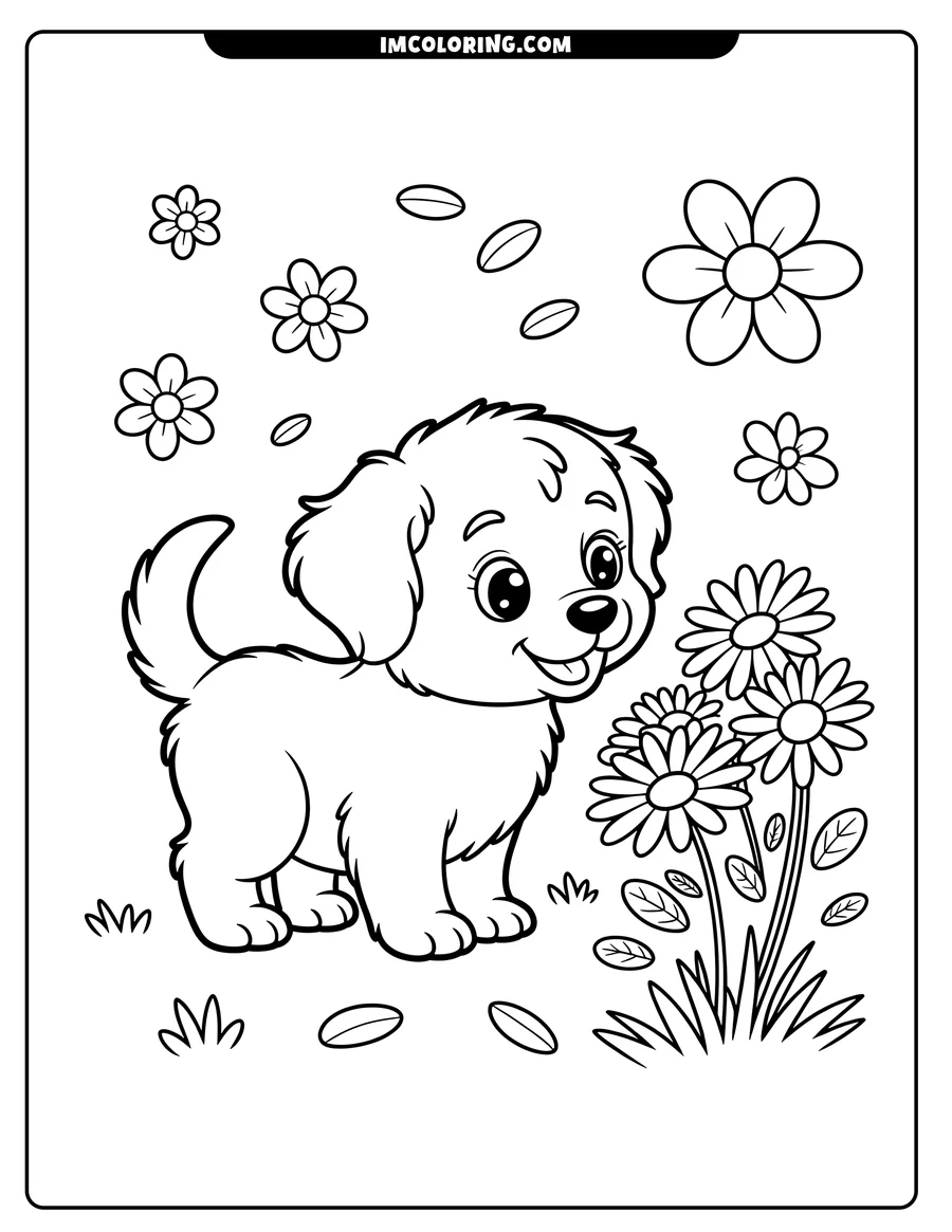 Outline of a cheerful puppy standing near a group of daisies and other flowers. The puppy has large eyes and a fluffy tail.