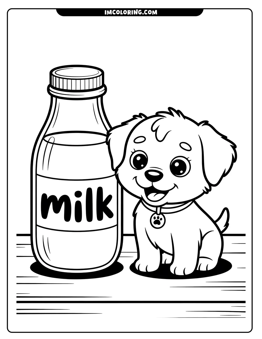 Line art of a happy puppy sitting next to a bottle of milk on a wooden table