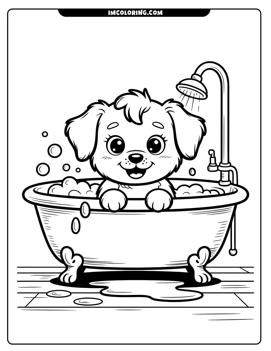 Outline of a happy puppy sitting in a clawfoot bathtub filled with bubbles, taking a bath under a shower head.