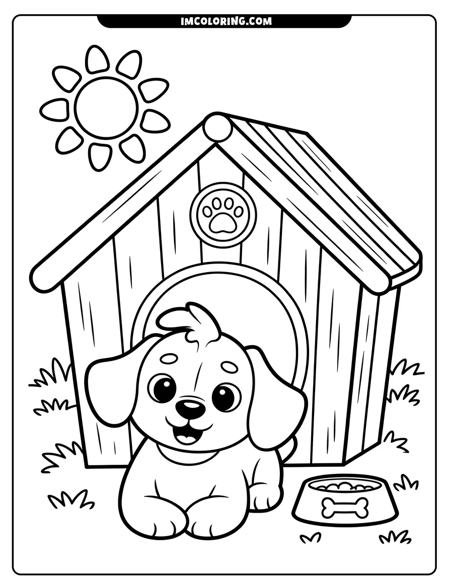 Line art of a puppy sitting in front of its doghouse with a food bowl beside it, under a shining sun