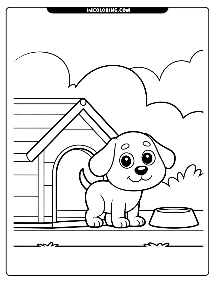 Outline of a puppy standing near its doghouse with a food bowl in the grass.