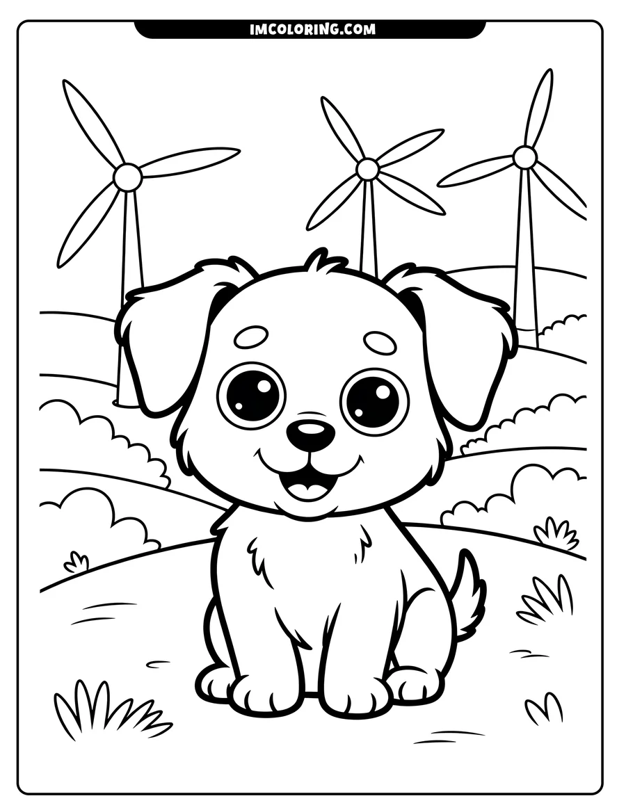 Outline of a cute puppy sitting near wind turbines in a grassy field