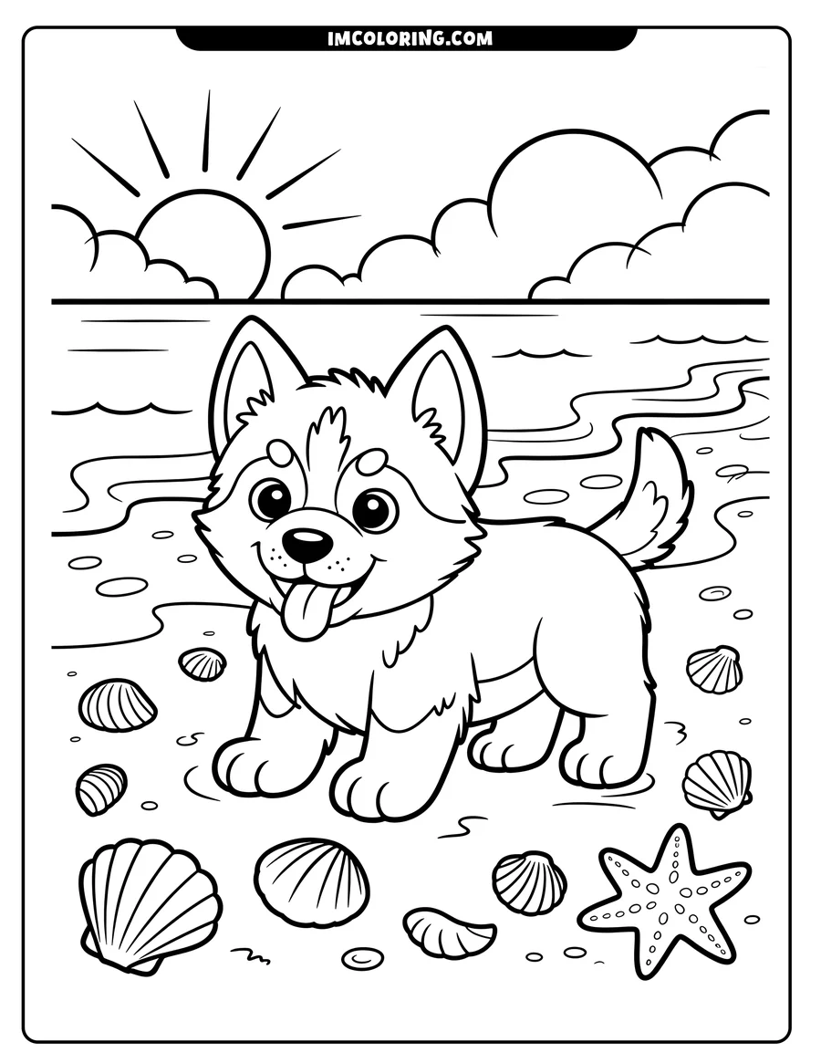 Outline of a playful puppy on a sandy beach with seashells and a starfish, as the sun rises over the ocean.