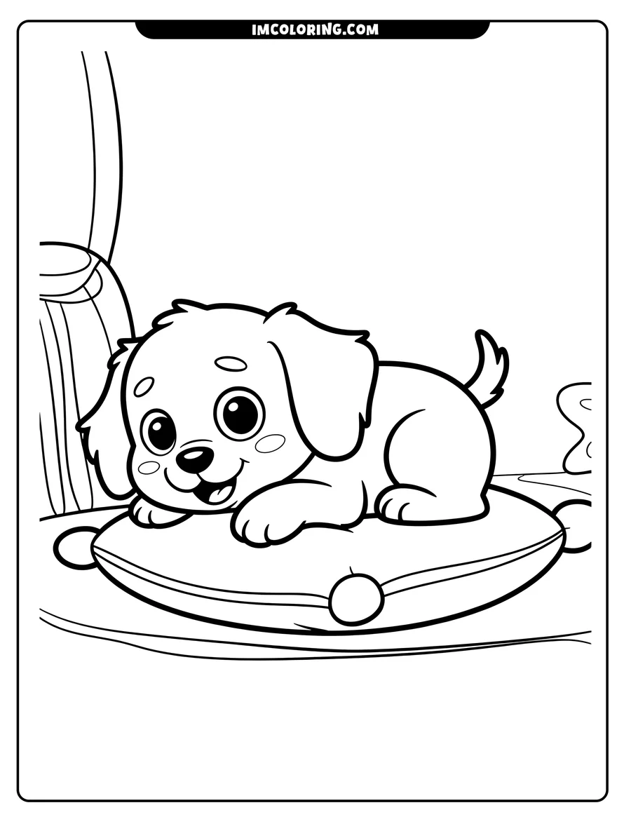 Line art of a playful puppy lying on a pillow. It has large eyes, a button nose, and a cheerful expression.