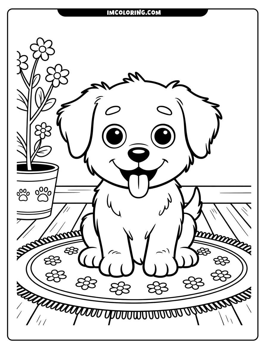 Outline of a playful puppy sitting on a small, round rug with a floral pattern. A potted flower is next to the rug on the wooden floor.