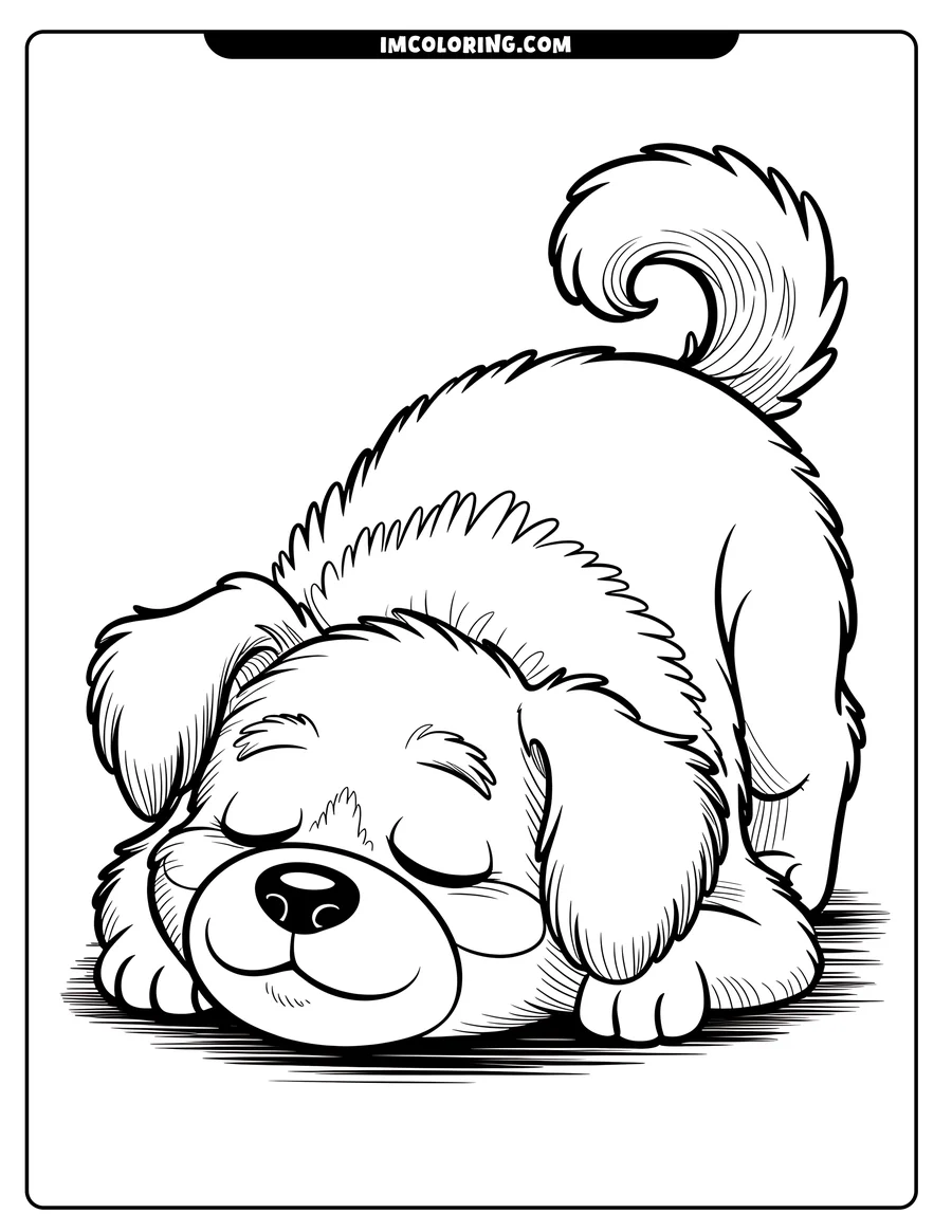 Line drawing of a fluffy puppy sleeping soundly with its eyes closed and tail curled.