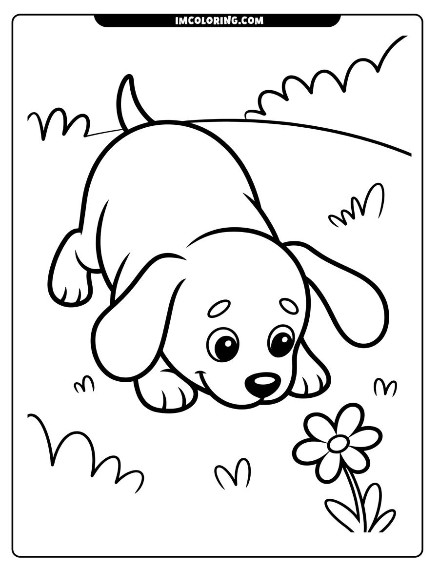 Outline of a curious puppy sniffing a daisy-like flower in a grassy area with a small bush in the background.