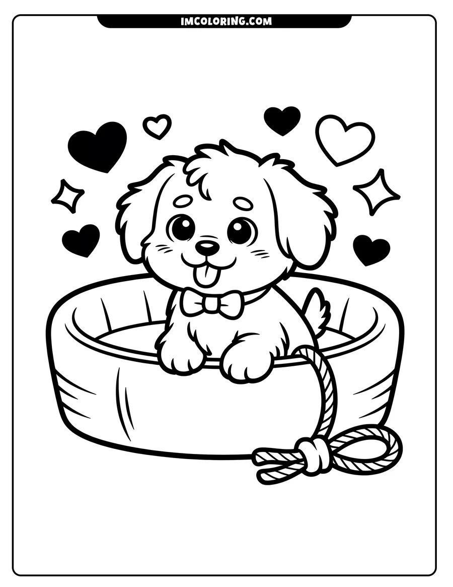 Line art of a playful puppy with a bow tie sitting in a basket, surrounded by hearts and sparkles.