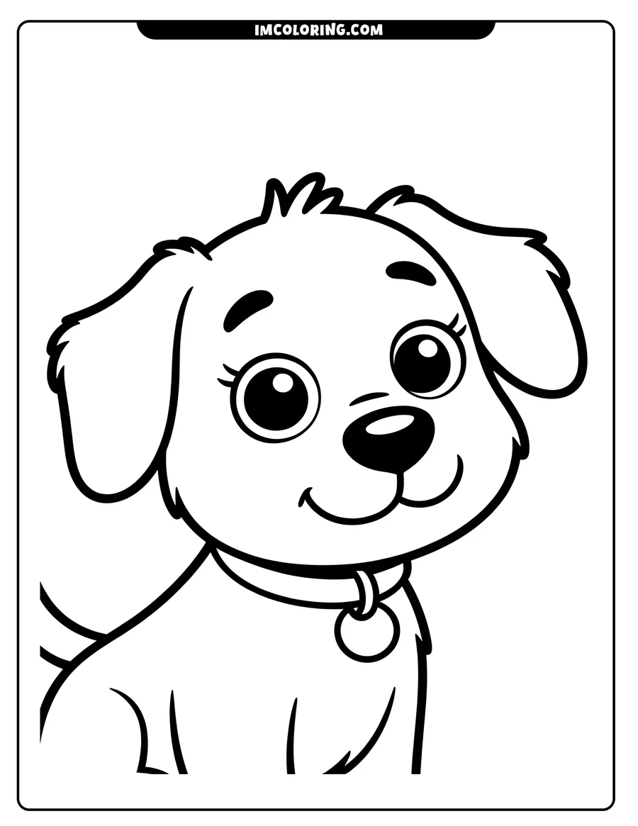 Outline of a cartoon puppy wearing a collar with a blank tag.