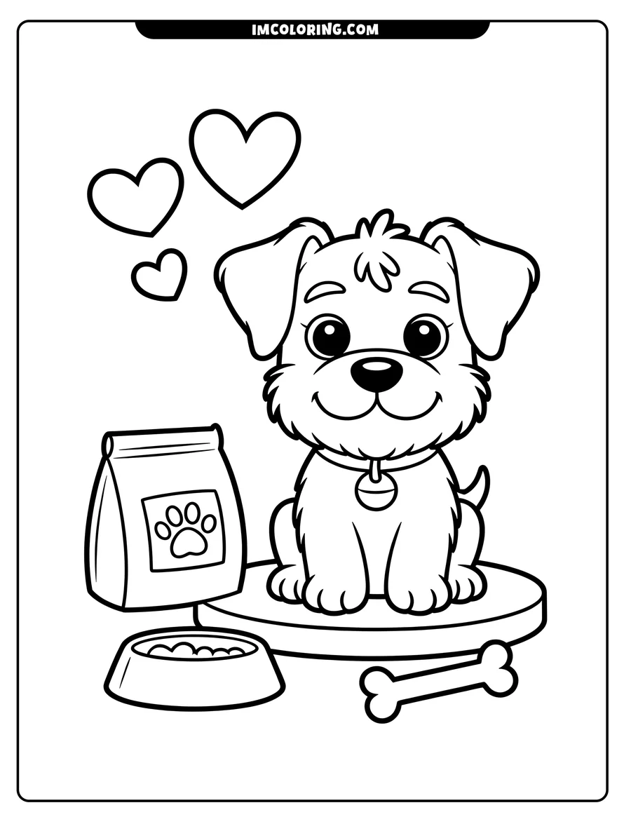 Outline of a puppy sitting on a rug, with dog food, a bowl of kibble, and a bone beside it. Floating hearts complete this adorable scene.