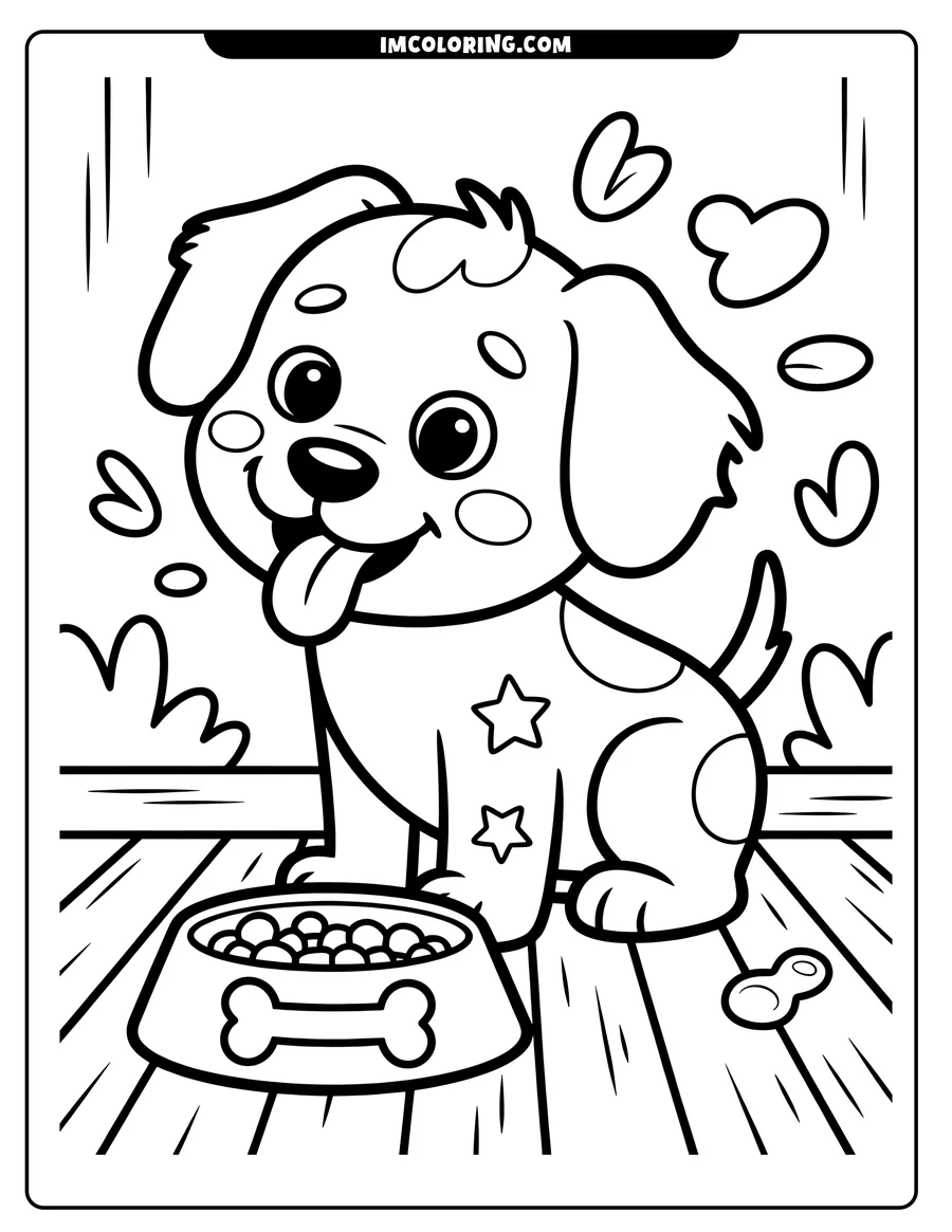 Outline of a playful spotted puppy with its tongue out, standing next to a bowl full of food. A treat is on the floor beside the bowl, and hearts float around the puppy.