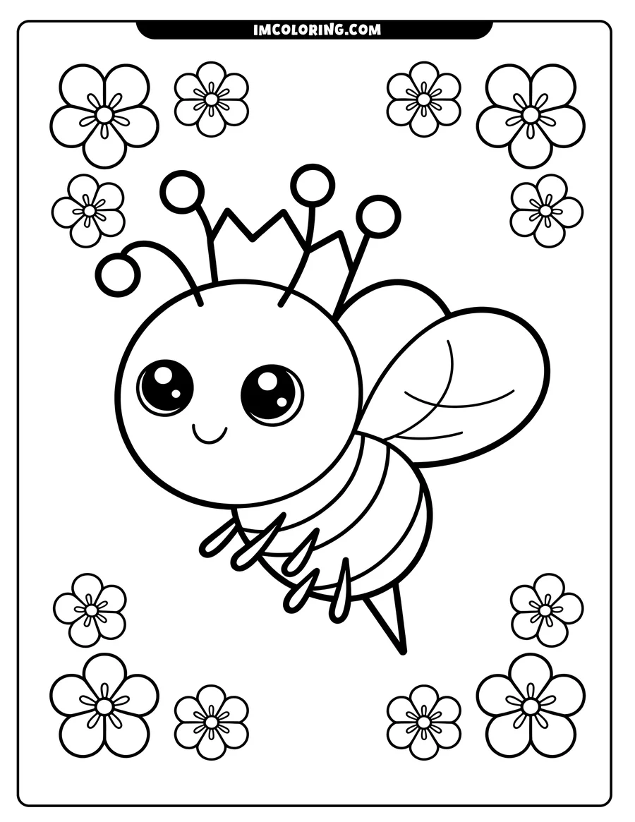 Outline of a kawaii-style queen bee wearing a crown, surrounded by simple flowers.