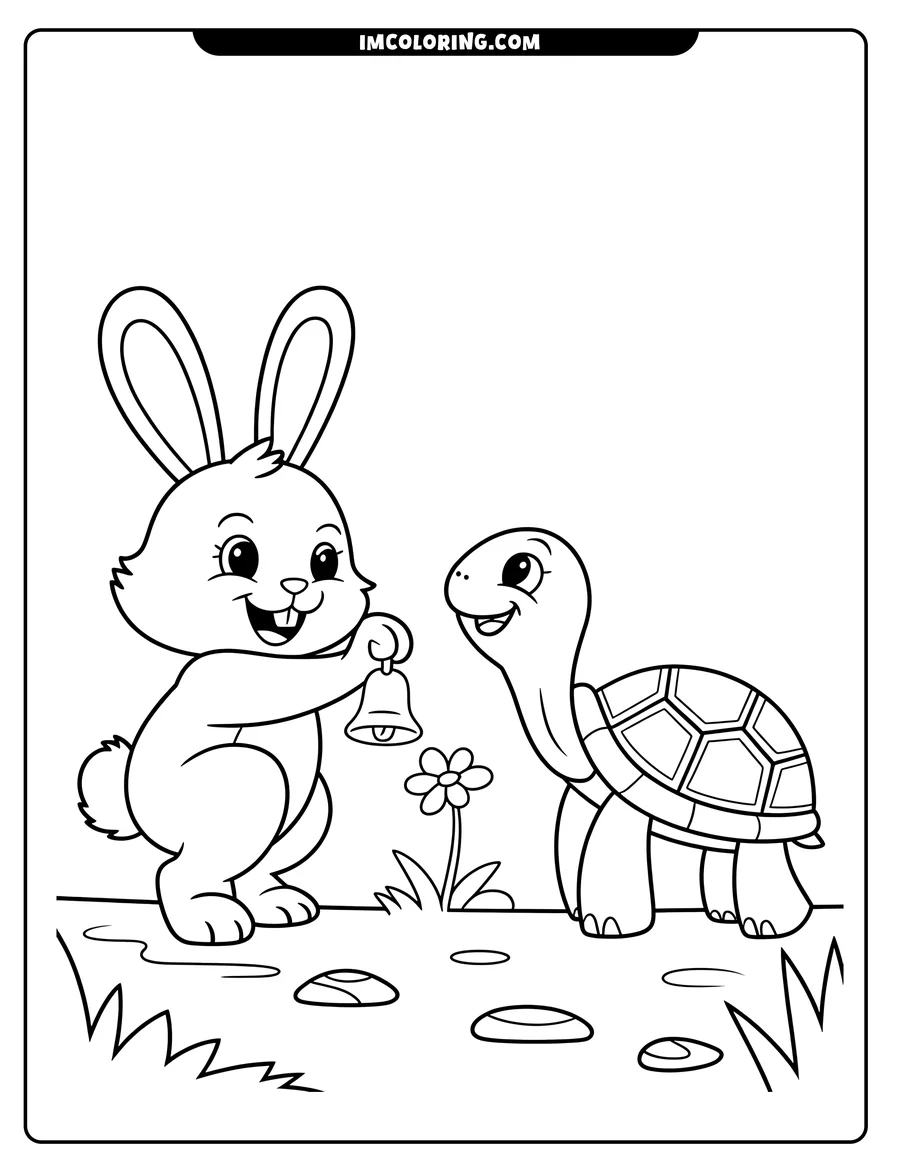 Line art of a rabbit offering a bell to a turtle in a simple outdoor setting with a flower and rocks.