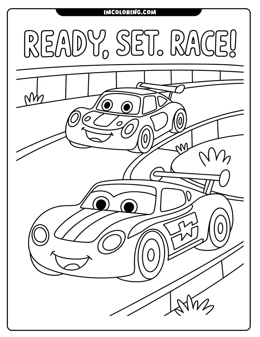 Two cartoon race cars with smiling faces are racing on a track.