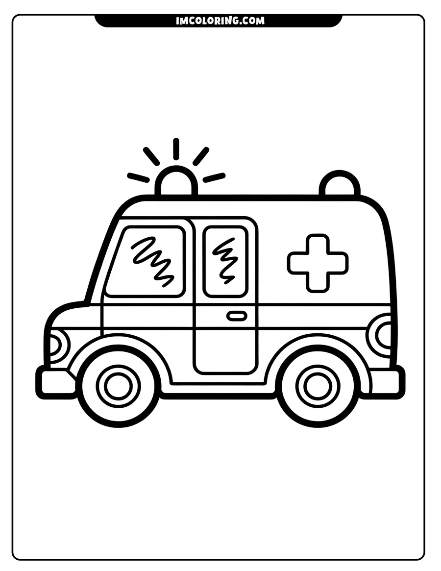 Outline of a rescue vehicle with flashing emergency lights and a medical cross, ready for coloring.