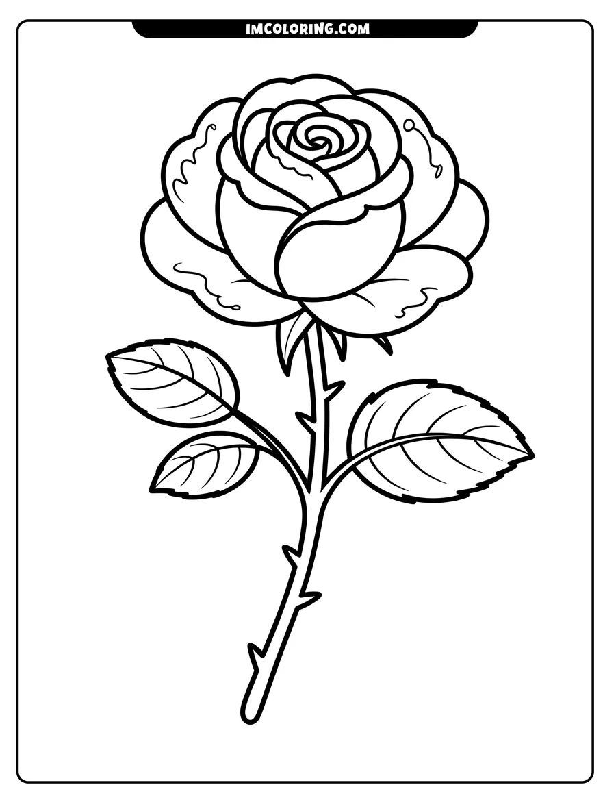Line art of a rose with thorns on its stem and detailed, layered petals, ready for coloring.