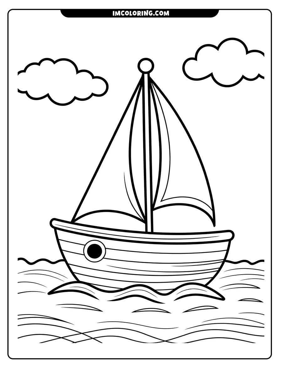 Line art of a sailboat with a large sail, floating on wavy water, with two clouds in the sky.