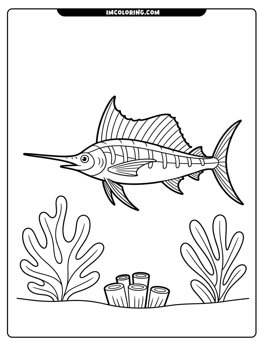 Line art of a sailfish swimming above coral and seaweed. It has a large dorsal fin, striped body, and pointed bill.