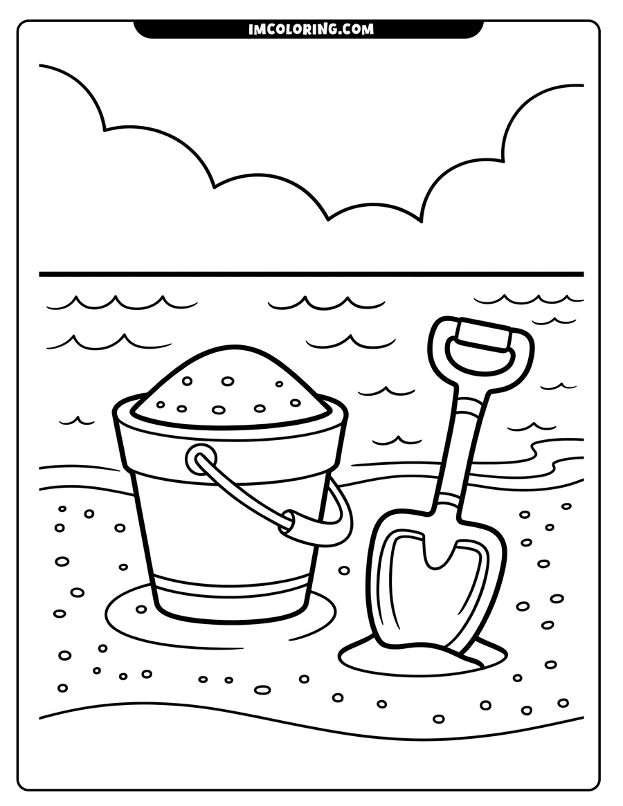 Line art of a sand bucket and shovel on a beach. The bucket is full of sand and a shovel is stuck in the sand next to it. There are small pebbles scattered around on the beach and gentle waves in the water.
