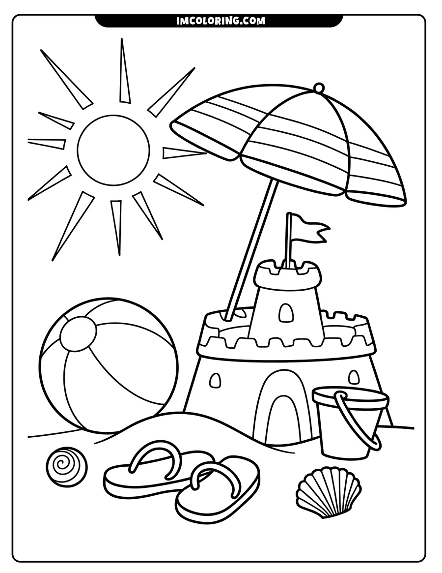 Line art of a sandcastle on a beach with a beach umbrella, beach ball, flip flops, bucket, and shells. The sun is shining.