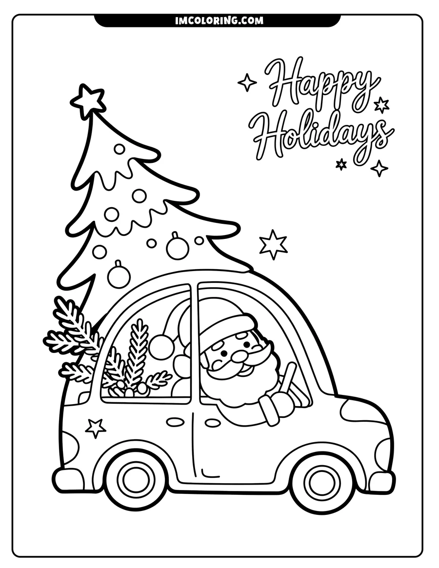 Line art of Santa Claus waving from a car. He is driving a car with a decorated Christmas tree on the roof and pine branches inside. Several Christmas ornaments are visible.