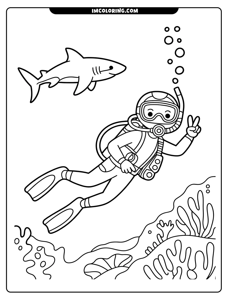 Line art of a scuba diver underwater with a shark above. The diver makes a peace sign. Coral and seaweed are below.