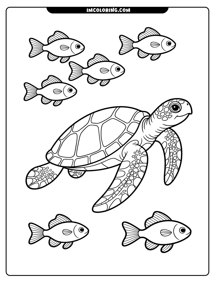 Line art of a sea turtle swimming with several small fish around it.