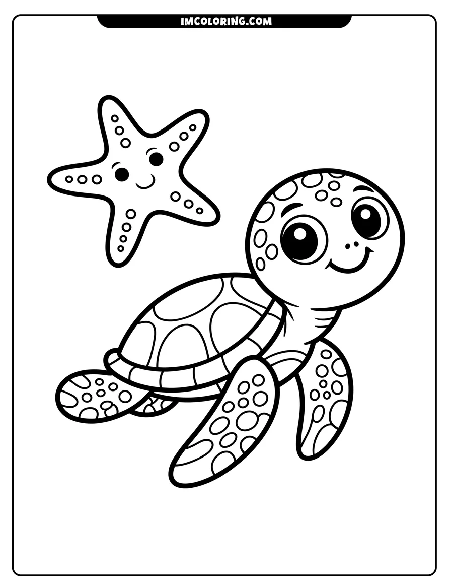 Line art of a sea turtle swimming near a starfish. Both have friendly, cartoonish faces. The turtle's shell and flippers have a pattern of circles and shapes.