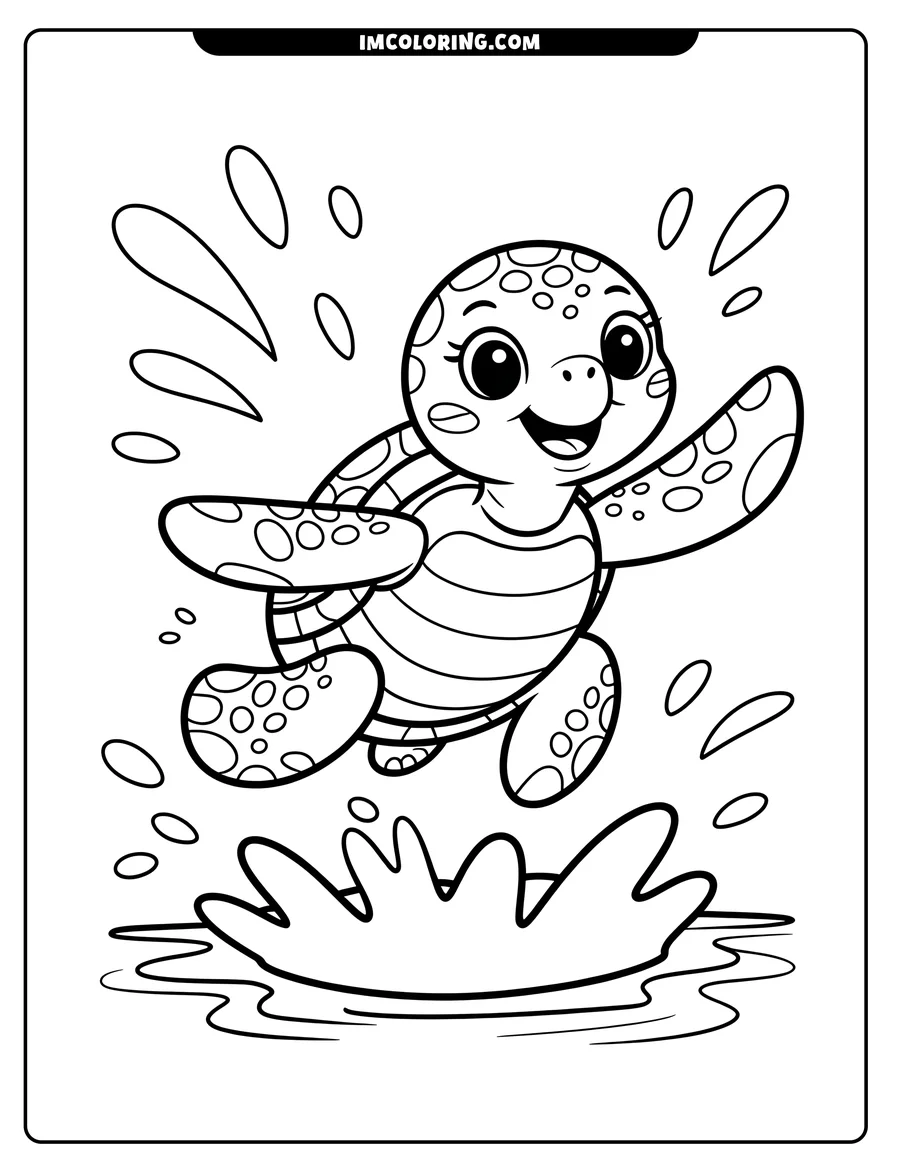 Line art of a cheerful sea turtle jumping out of the water with droplets splashing around it.