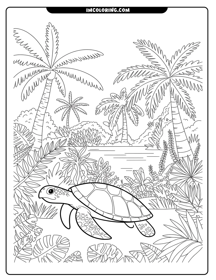 Line art of a sea turtle in a tropical jungle setting, surrounded by lush plants and palm trees.