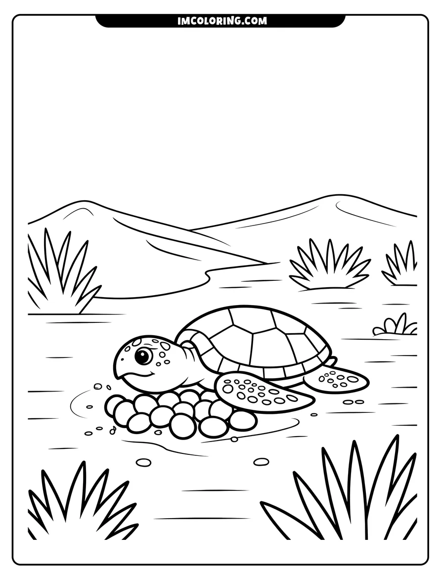 Line art of a sea turtle resting near its eggs on a sandy beach, with grass and hills in the background.