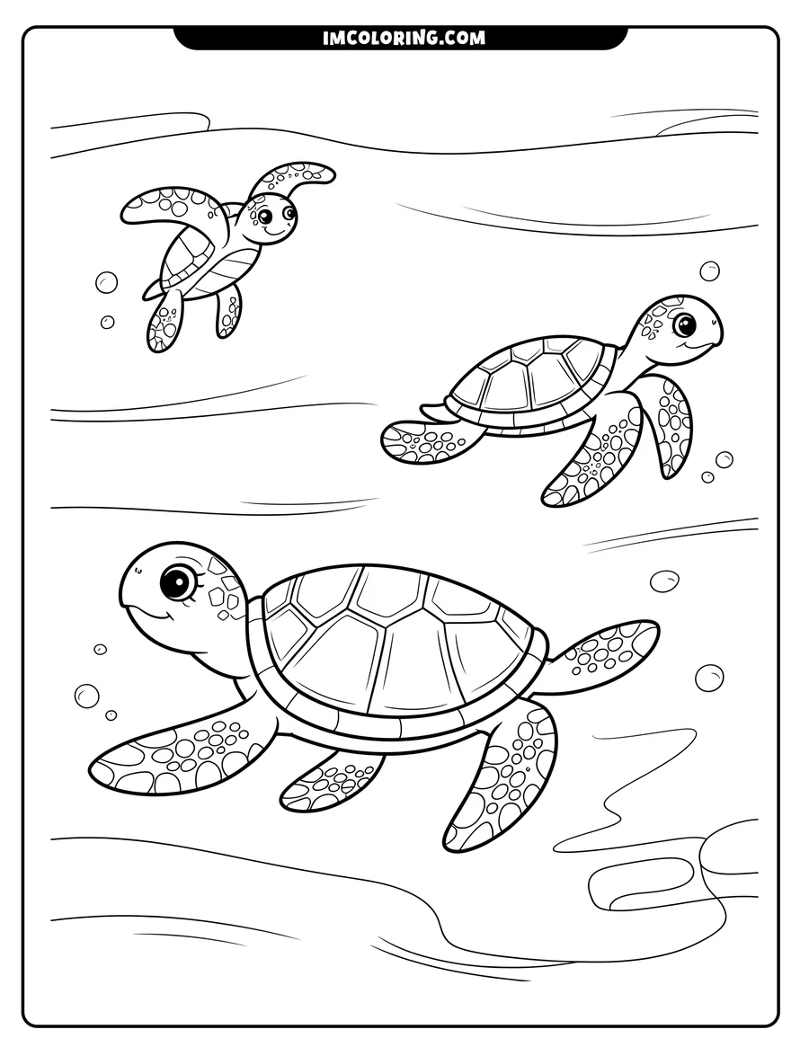 Line art of three sea turtles swimming underwater. Their shells and flippers have distinctive patterns, and bubbles float around them.