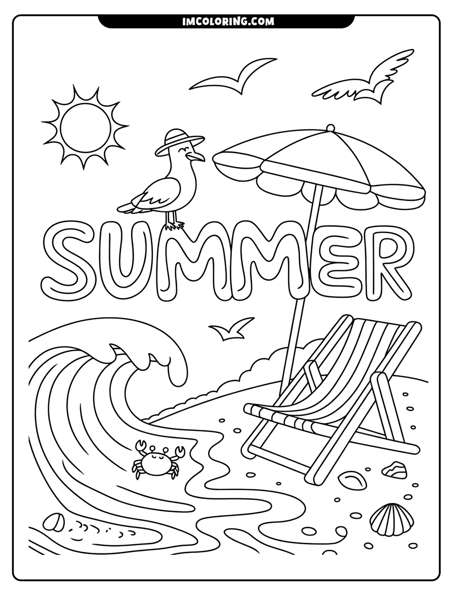 Outline of a seagull wearing a hat perched on the word 'Summer' on the beach. There is a beach umbrella, beach chair, and shells around on the beach.