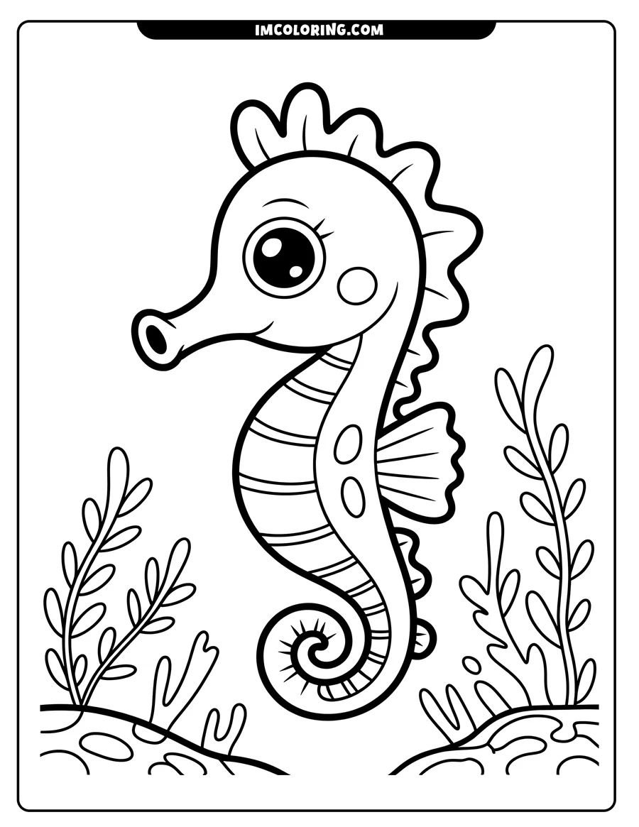 Line art of a cute cartoon seahorse surrounded by seaweed and ocean plants
