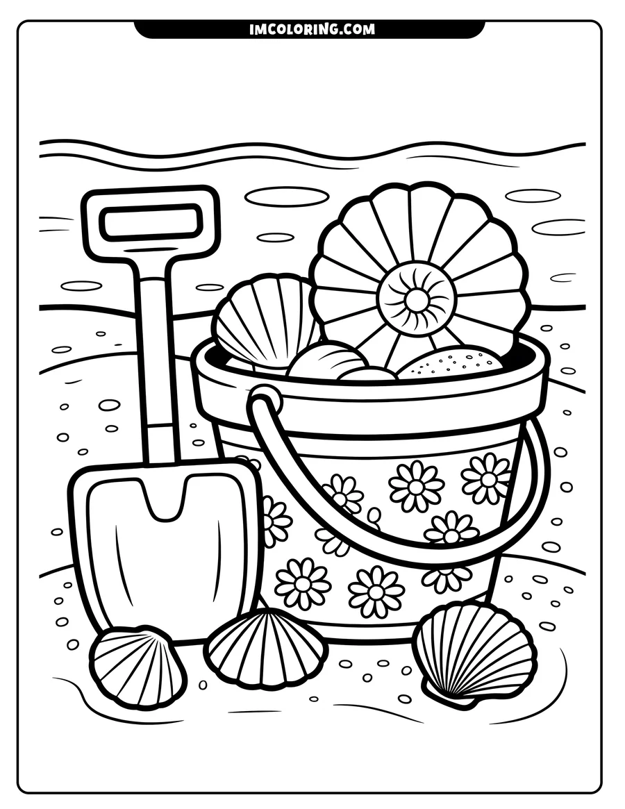 Line drawing of a bucket on the beach filled with various seashells. A shovel is placed next to it.