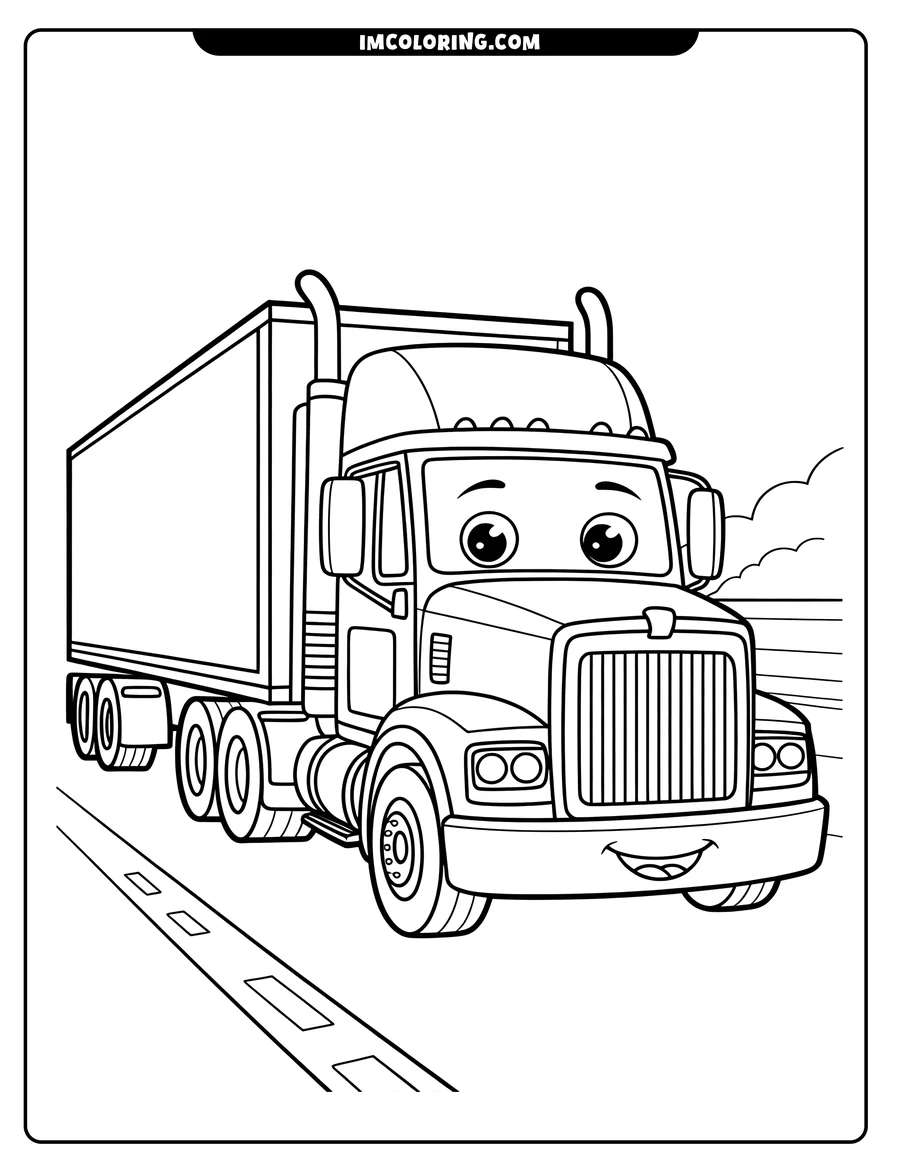 Line art of a semi-truck driving down a road. The truck has a smiling face.
