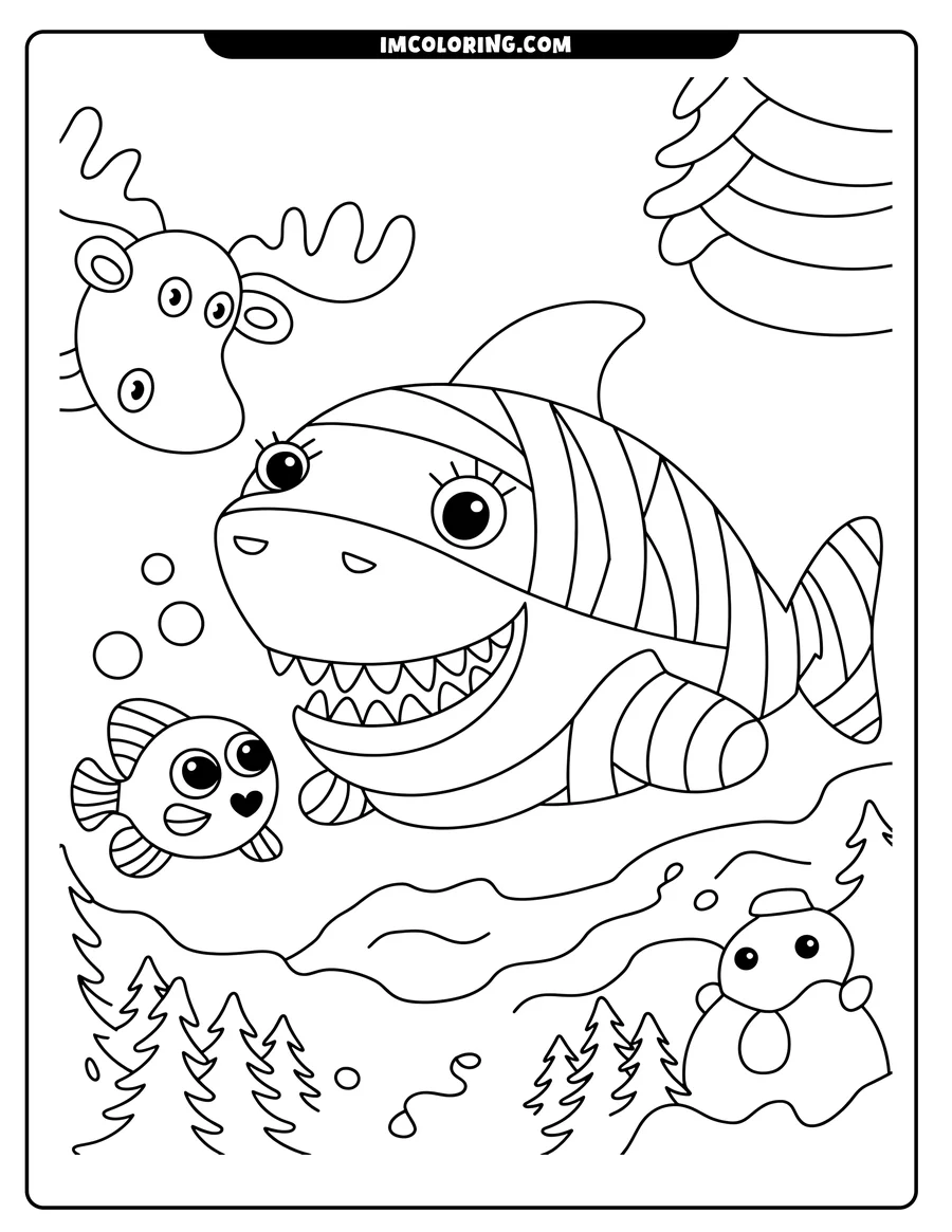 Line art of a cartoon shark and fish underwater. The shark has stripes and a happy expression, while the smaller fish swims nearby. A moose and trees appear above the water, with a snowman and snowy trees on the opposite shore.