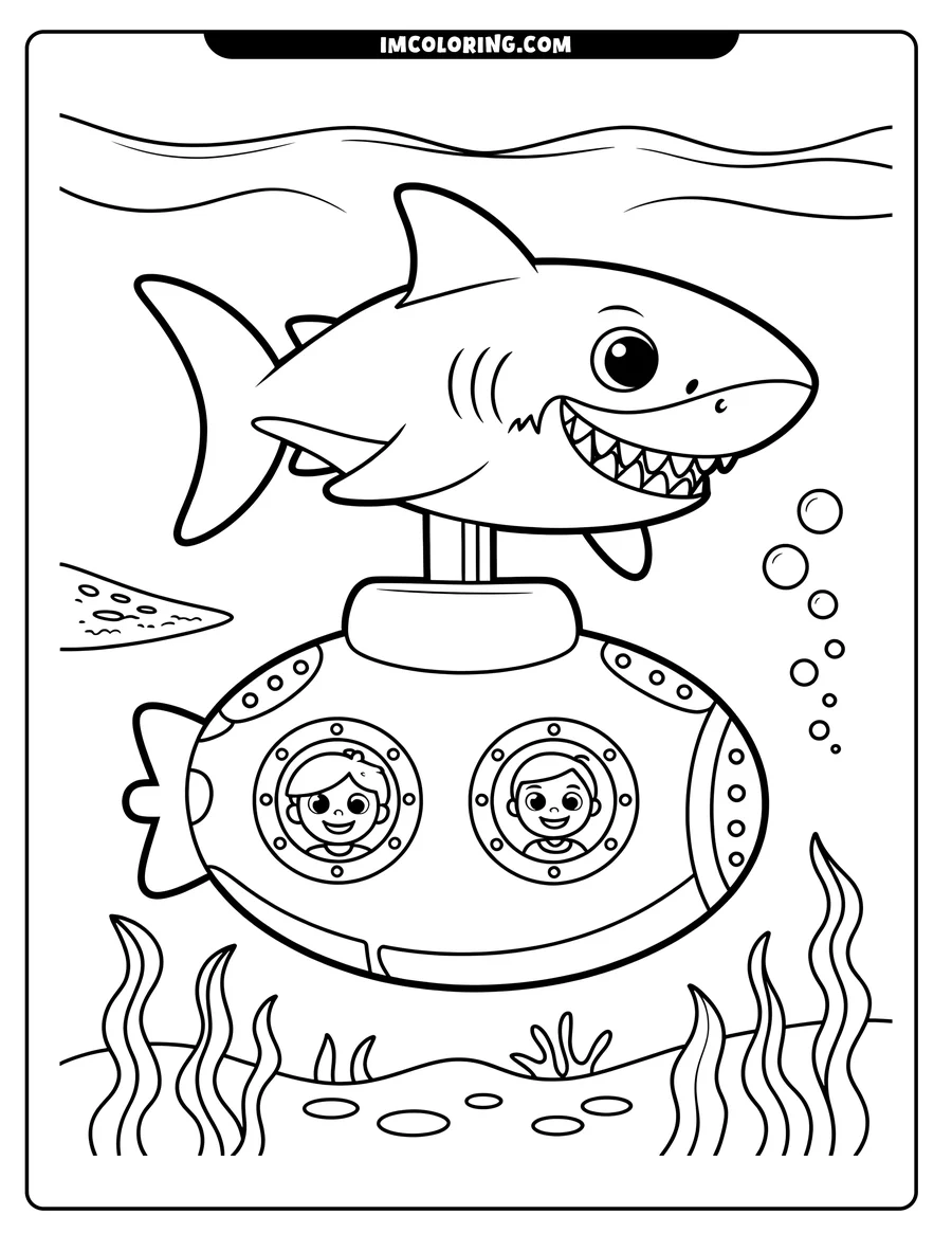 Outline of a cartoon shark swimming above a submarine with two children inside, viewed through portholes. Seaweed and bubbles complete the underwater scene.