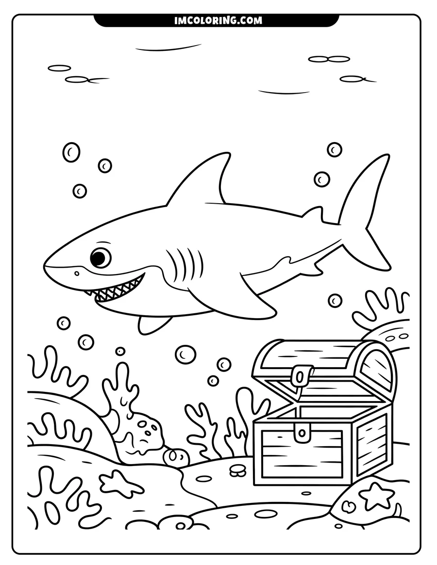 Line art of a cartoon shark swimming above an open treasure chest on the ocean floor, surrounded by coral and seaweed. A starfish rests near the chest.