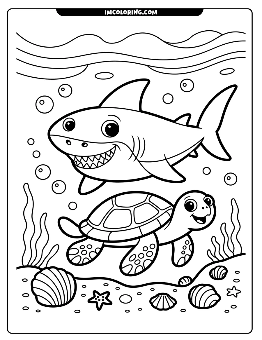 Line art of a friendly shark swimming above a sea turtle underwater. Seashells and seaweed decorate the seabed.
