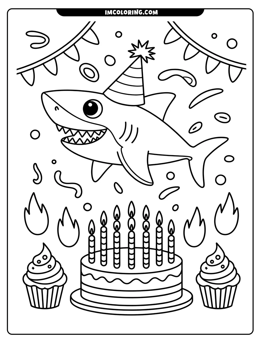 Line art of a shark wearing a party hat at a birthday party, swimming above a cake with lit candles. Cupcakes and party decorations complete the scene.