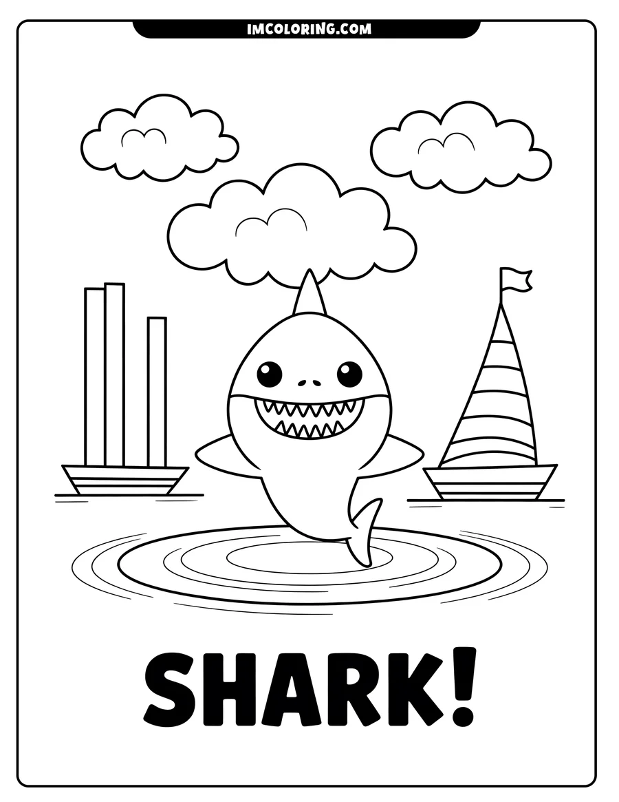 Outline of a cartoon shark swimming in water with a sailboat and pier in the background.