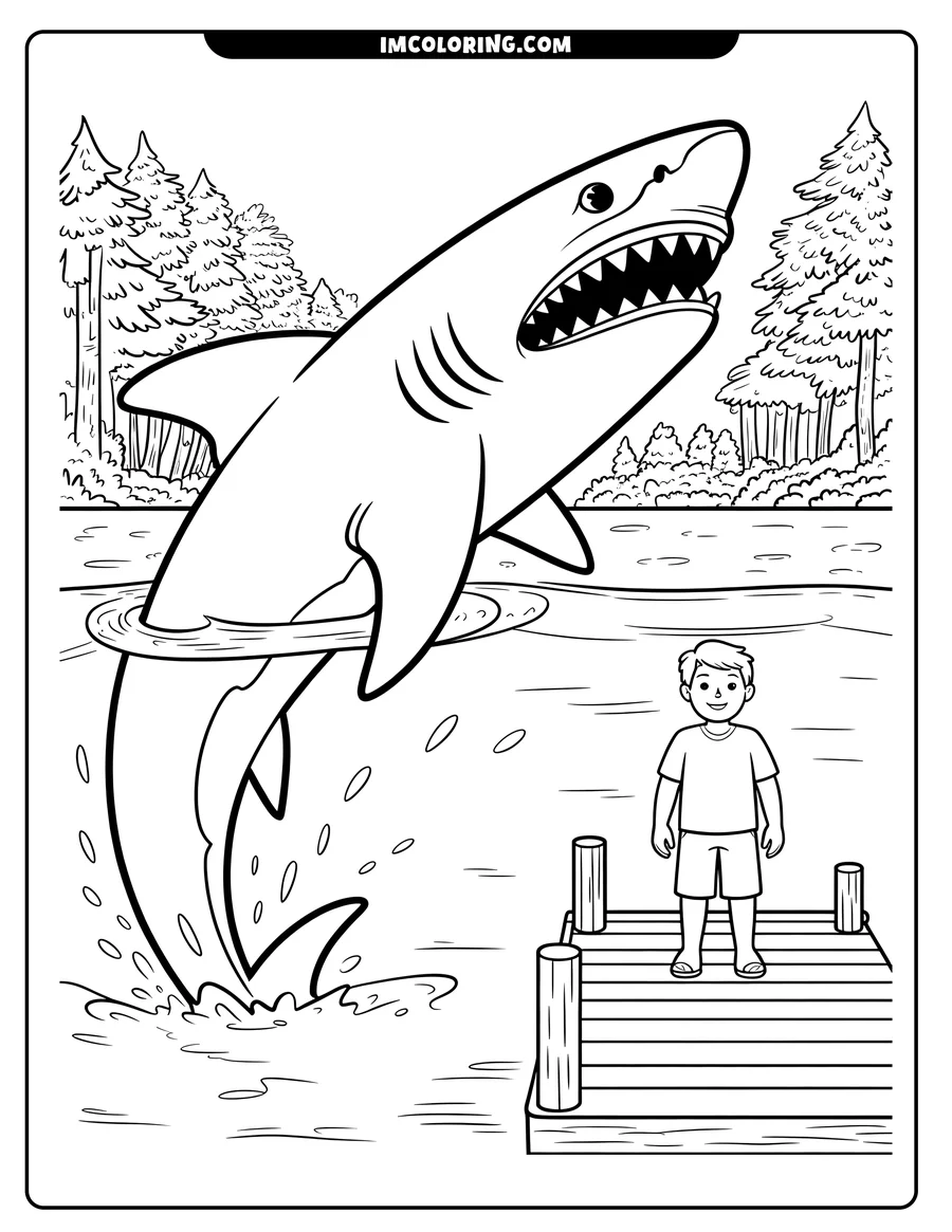 Line art of a large shark jumping out of the water near a dock where a young boy is standing.