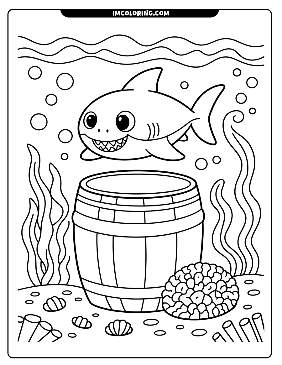 Line art of a cheerful shark swimming over a wooden barrel on the ocean floor, with brain coral and seaweed nearby.