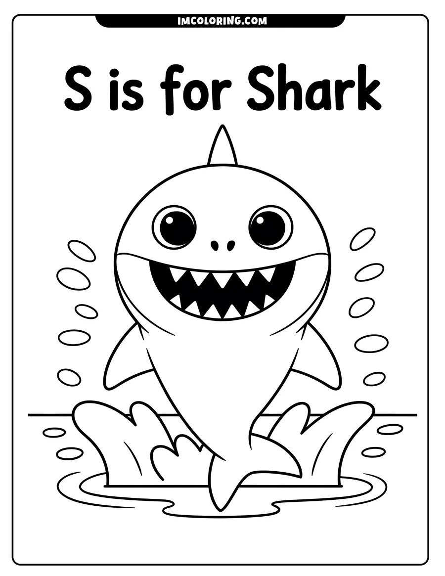 Line art of a cartoon shark splashing in shallow water. It has a large, friendly grin and big eyes.